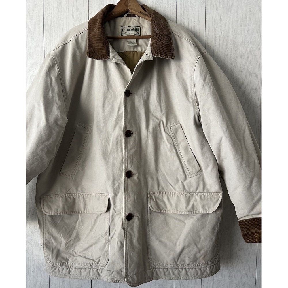 LL Bean Chore Jacket Barn Coat Mens XXL Tan Canvas Quilt Lined Corduroy Collar